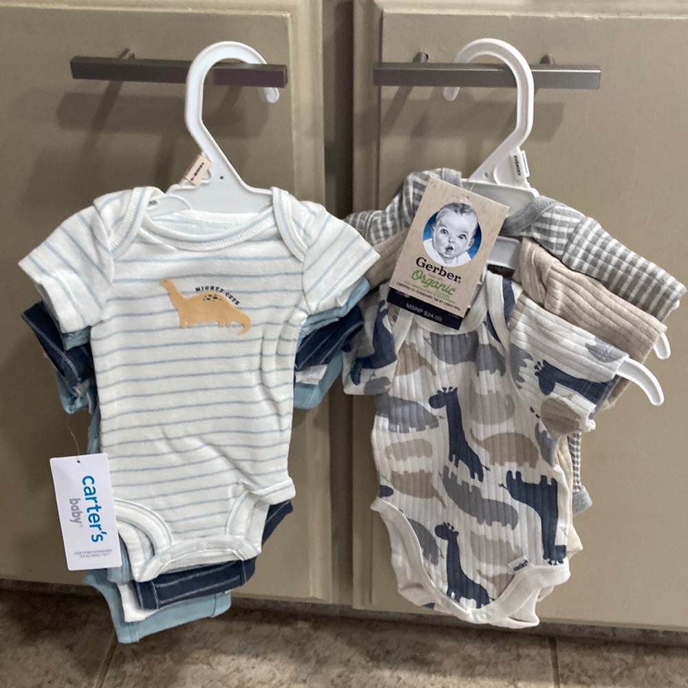 Brand new Carter’s Baby premie and Gerber Organic newborn onesies.